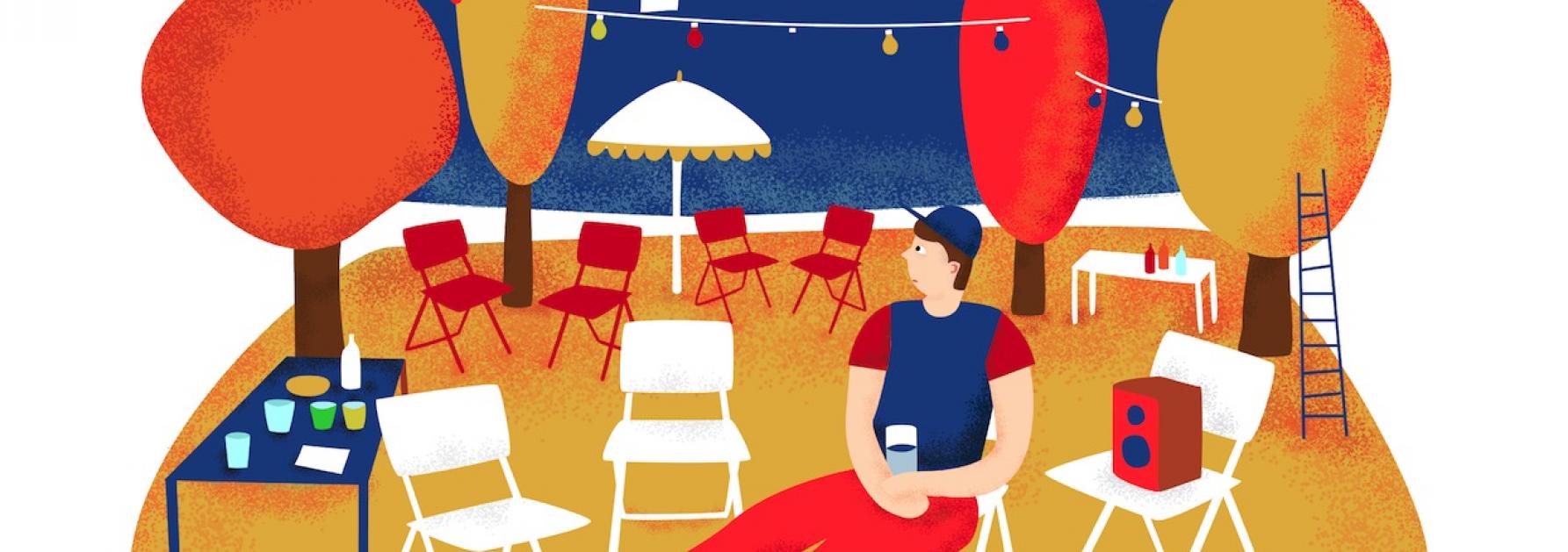 Illustratie van een man op een buurtfeest