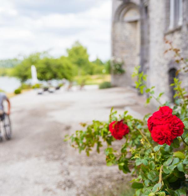Wandelaar en persoon met rolstoel langs de Schelde